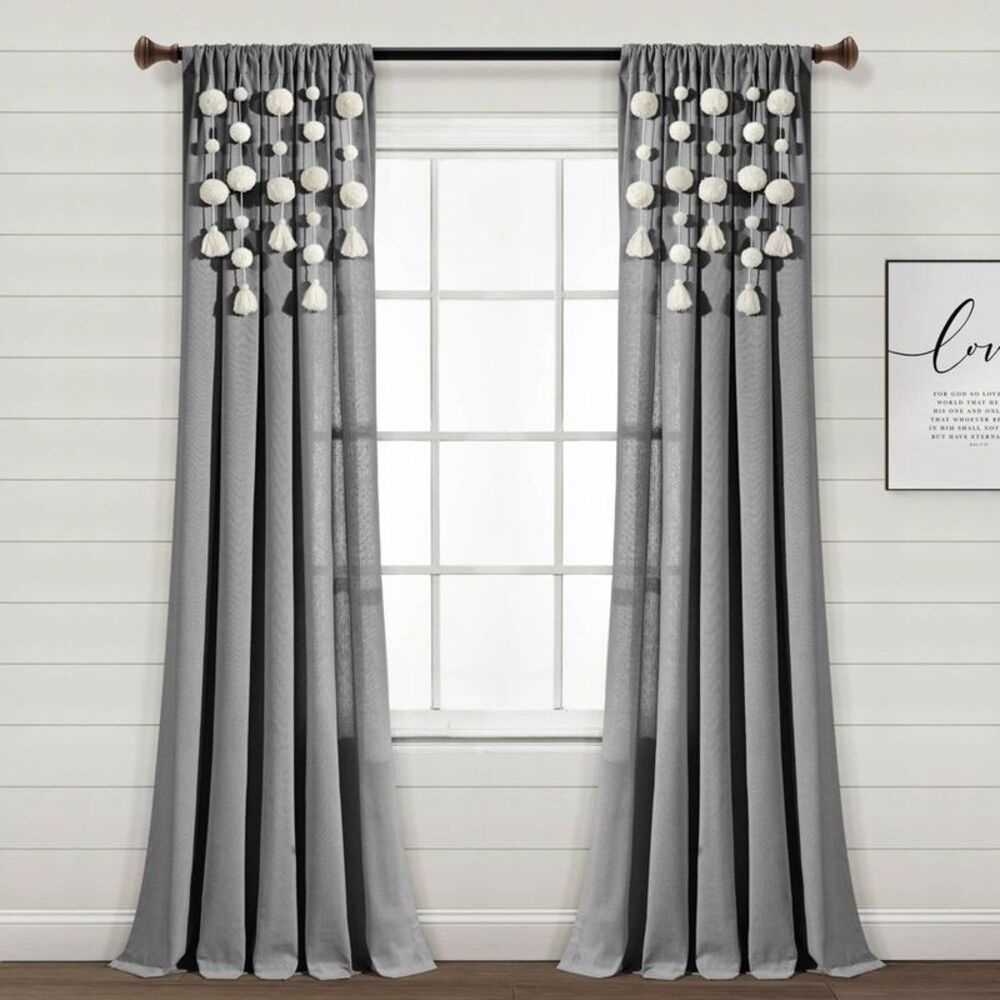 95"x52" Boho Pom Pom Tassel Linen Window Curtain Panels Dark Gray - Lush Décor